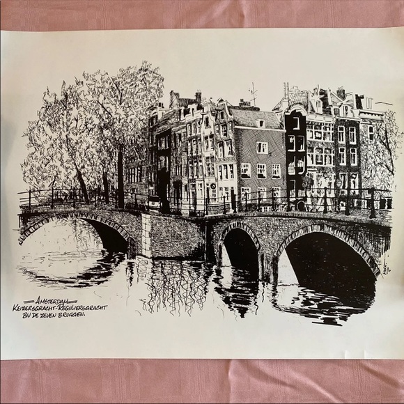 *SOLD on ♏️* Amsterdam Scenic Bridge B&W Ink Sketch Print - Picture 4 of 5